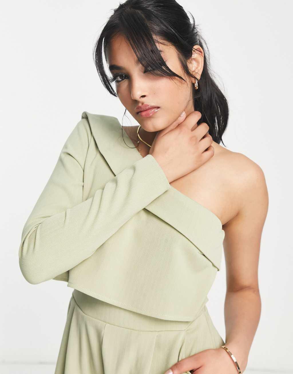 ASOS DESIGN one shoulder tailored romper in sage Product Image