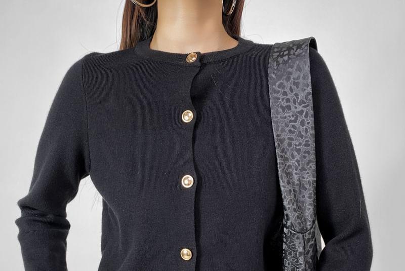 Crew Neck Plain Button Up Crop Cardigan Product Image