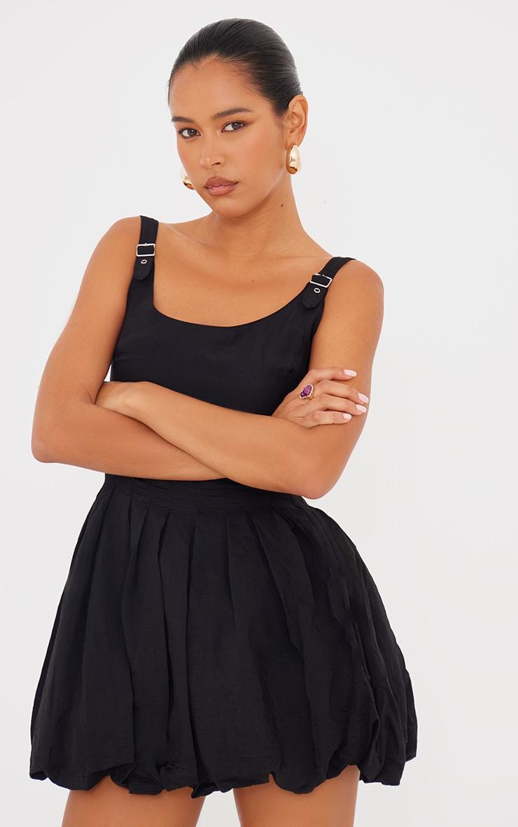 Black Textured Buckle Strap Puffball Dress Product Image