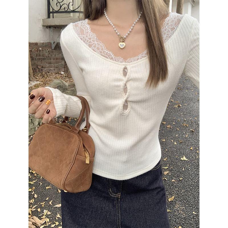 Long-Sleeve V-Neck Plain Lace Panel Slim Fit Crop T-Shirt Product Image