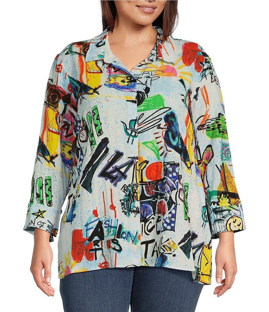 Ali Miles Plus Size Doodle Print Woven Point Collar 3/4 Sleeve Button-Front Tunic Product Image