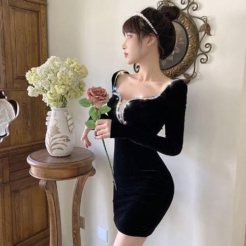 Long-Sleeve Rhinestone Velvet Mini Sheath Dress Product Image