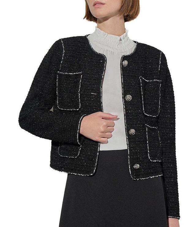 Ming Wang Contrast Edge Trim Tweed Knit Round Neck Long Sleeve Patch Pocket Button-Front Statement Jacket Product Image