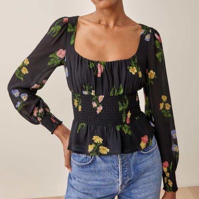 Puff-Sleeve Square-Neck Floral Print Blouse Product Image