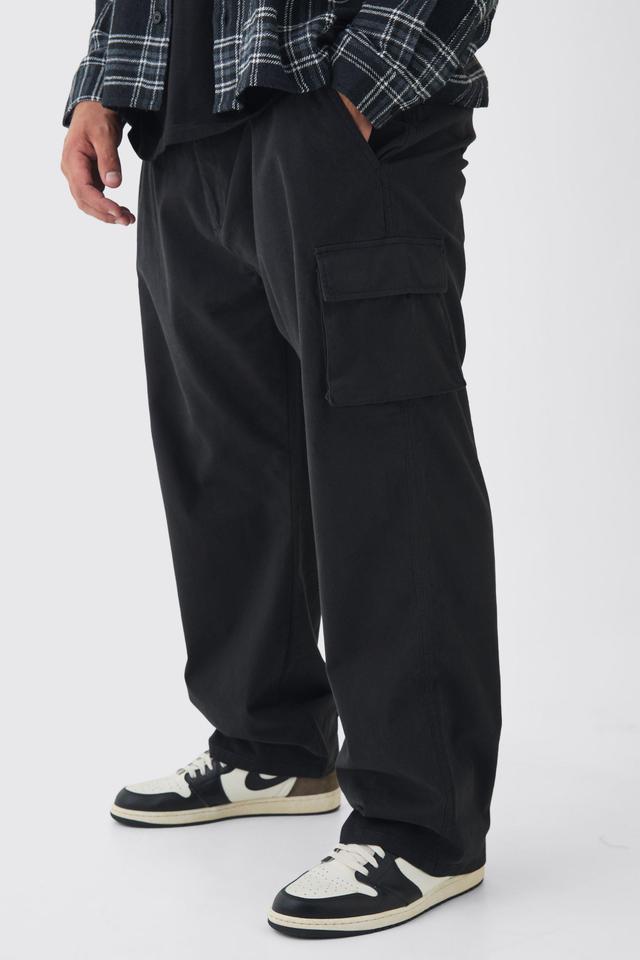 Mens Black Plus Relaxed Fit Fixed Waist Cargo Trousers, Black Product Image