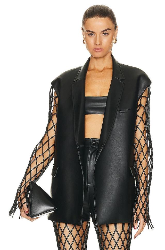 Lapointe Stretch Faux Leather Mesh Sleeved Wrap Blazer Black. (also in ). Product Image