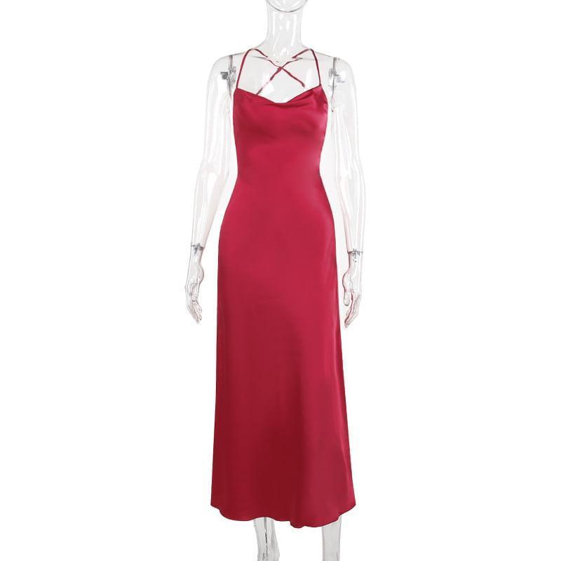 Spaghetti Strap Open Back Plain Maxi A-Line Dress Product Image