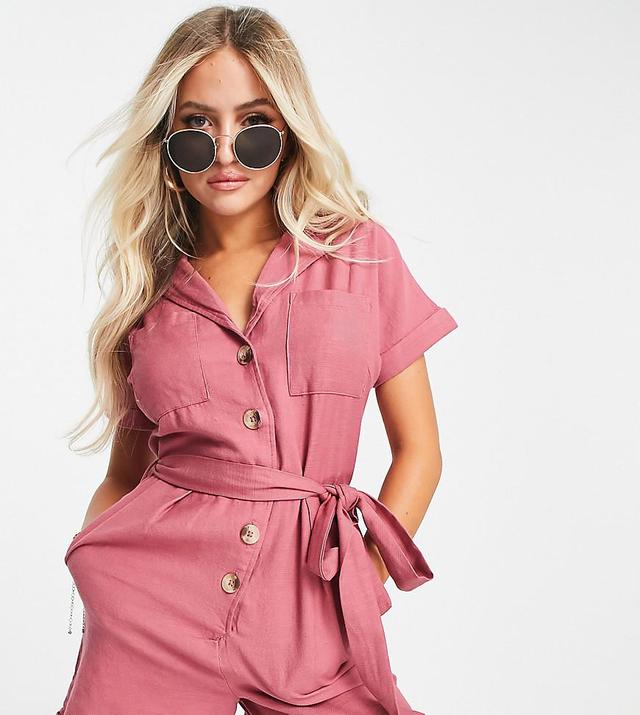 New Look Petite utility tie waist romper in pink Product Image