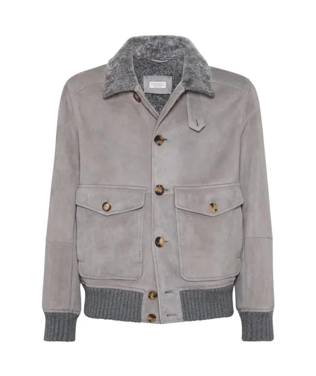 BRUNELLO CUCINELLI Shearling-collar Suede Jacket In Gray Product Image