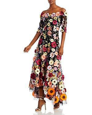 Rickie Freeman for Teri Jon Off-Shoulder Floral Applique Lace Dress - Size: 2 - BLACK MULTI Product Image