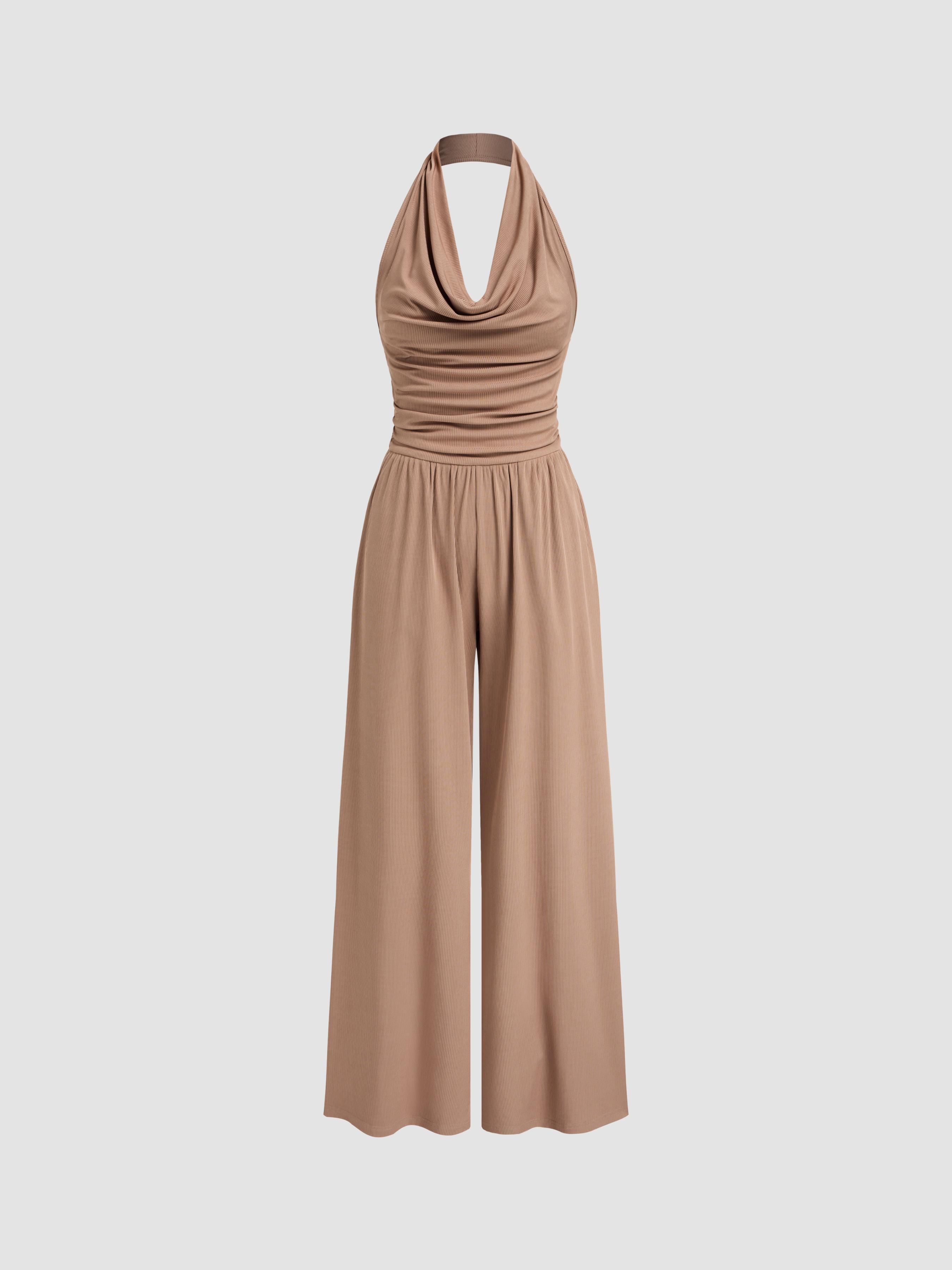 Halter Cowl Neck Ruched Solid Jumpsuit Product Image