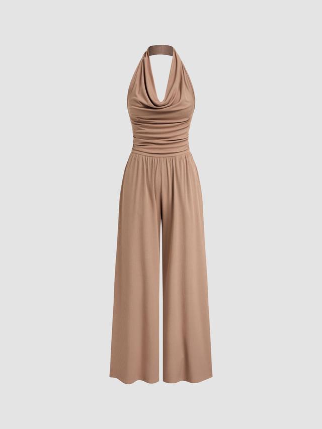 Halter Cowl Neck Ruched Solid Jumpsuit Product Image