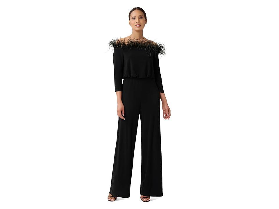 Adrianna Papell Stretch Jersey Blousson Jumpsuit with Feather Trim Women's Jumpsuit & Rompers One Piece Product Image