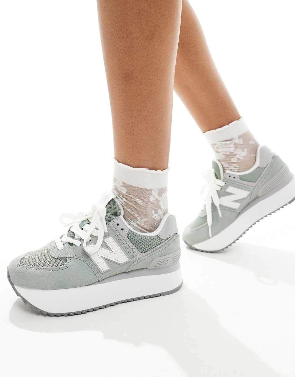 New Balance 574+ platform sneakers in green with gray and white detail product image