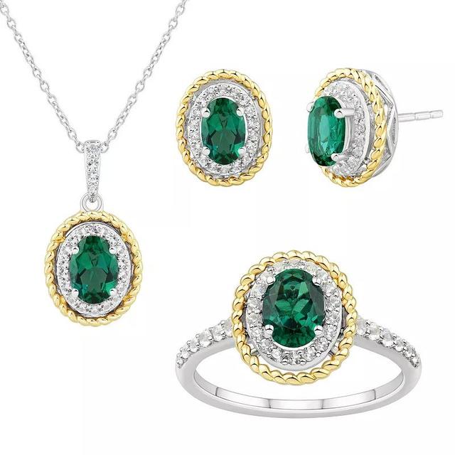 Two-Tone Lab-Created White Sapphire & Lab-Created Emerald Pendant Necklace, Stud Earrings, & Ring Set, Womens Gold Tone Product Image