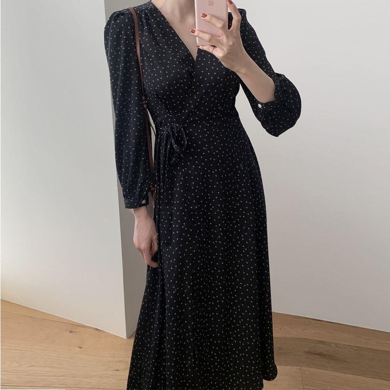 Long-Sleeve V-Neck Dotted Tie Waist Midi A-Line Wrap Dress Product Image