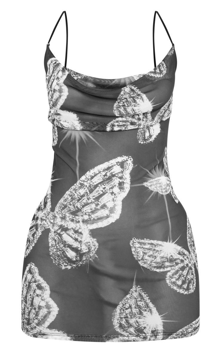 Black Diamante Butterfly Print Mesh Bodycon Dress Product Image