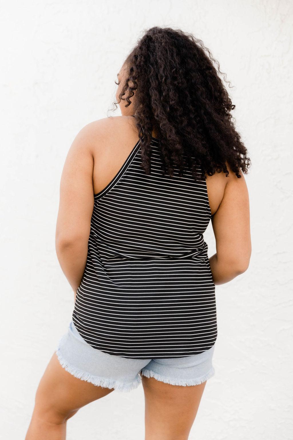 She's On It Black Striped Ribbed Halter Neck Tank FINAL SALE Product Image