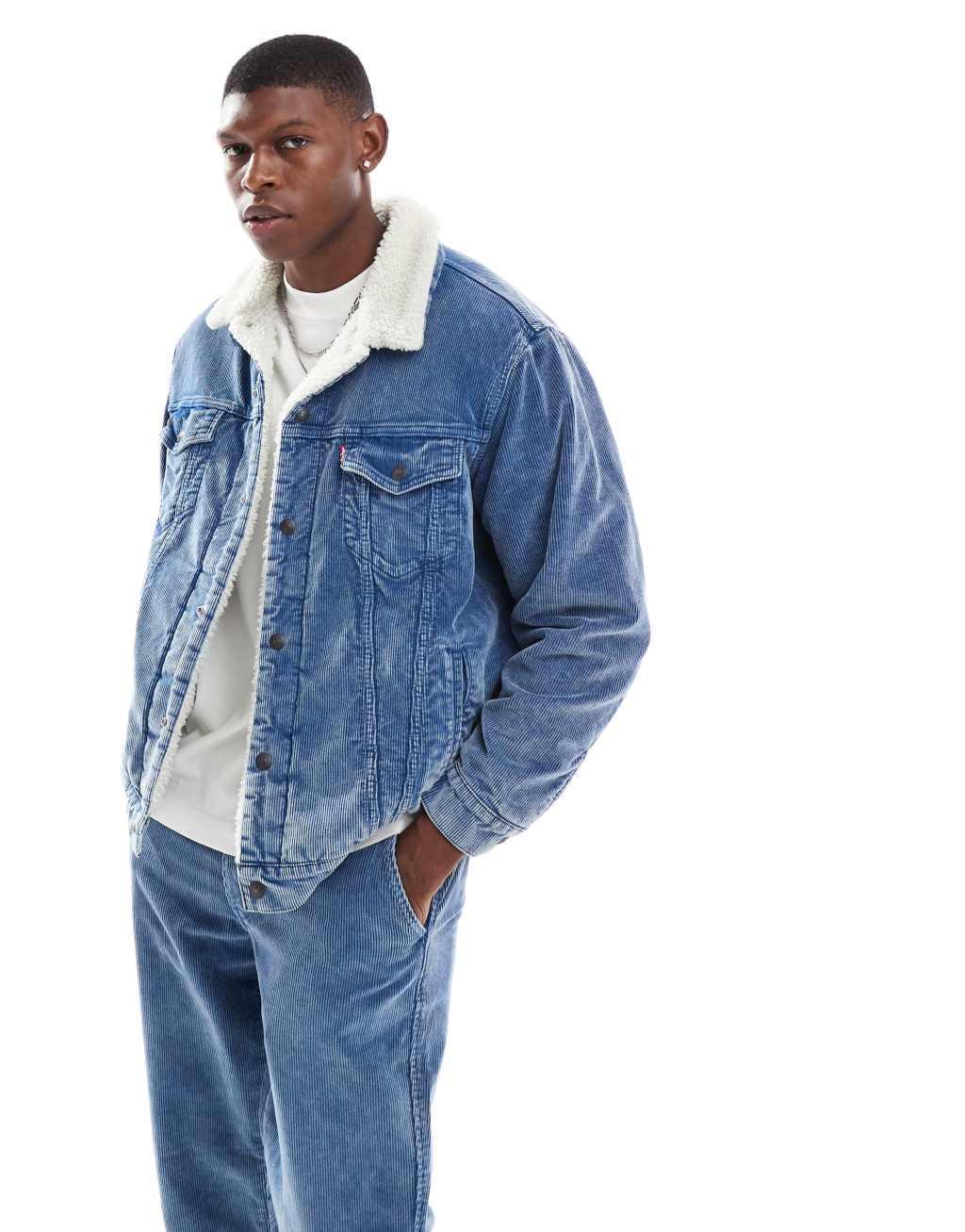 Levi's relaxed fit sherpa denim cord trucker jacket in blue - part of a set Product Image