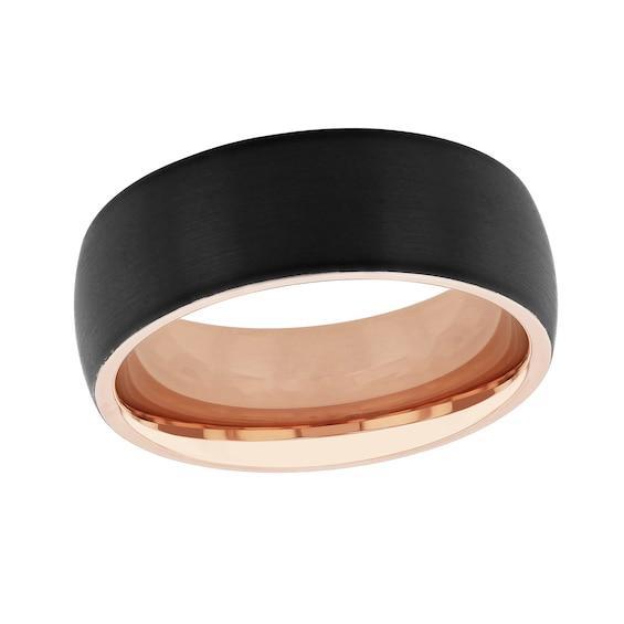 Men's 8.0mm Brushed Low Dome Comfort-Fit Engravable Wedding Band in Tungsten with Black and Rose IP (1 Line) Product Image