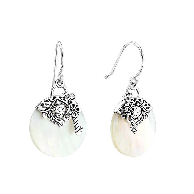 Athra NJ Inc Sterling Silver Mother-Of-Pearl Key & Leaves Embellished Drop Earrings, Womens Product Image