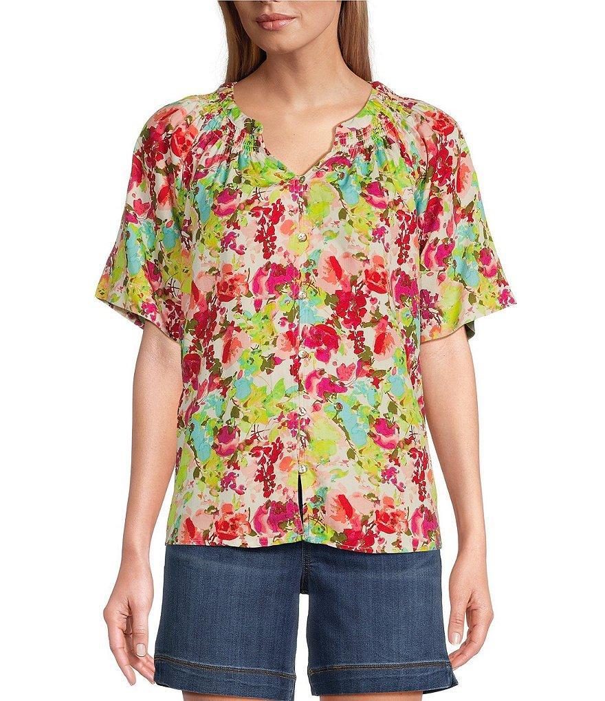 Westbound Woven Short Sleeve Y-Neck Button Front Floral Top Product Image