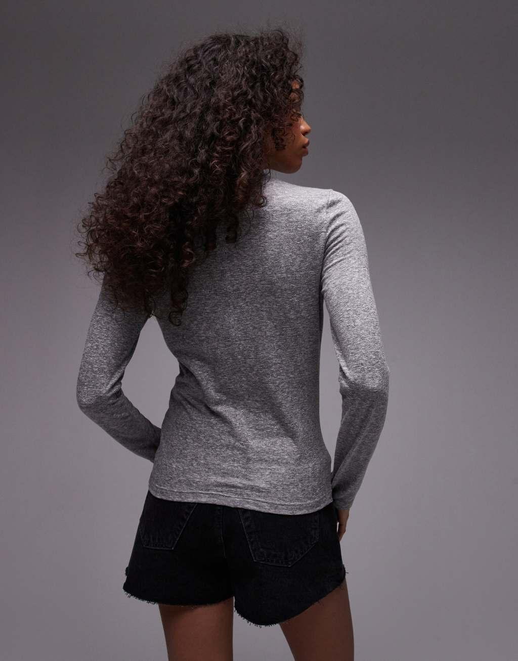 Topshop crew neck long sleeve top in heather gray Product Image