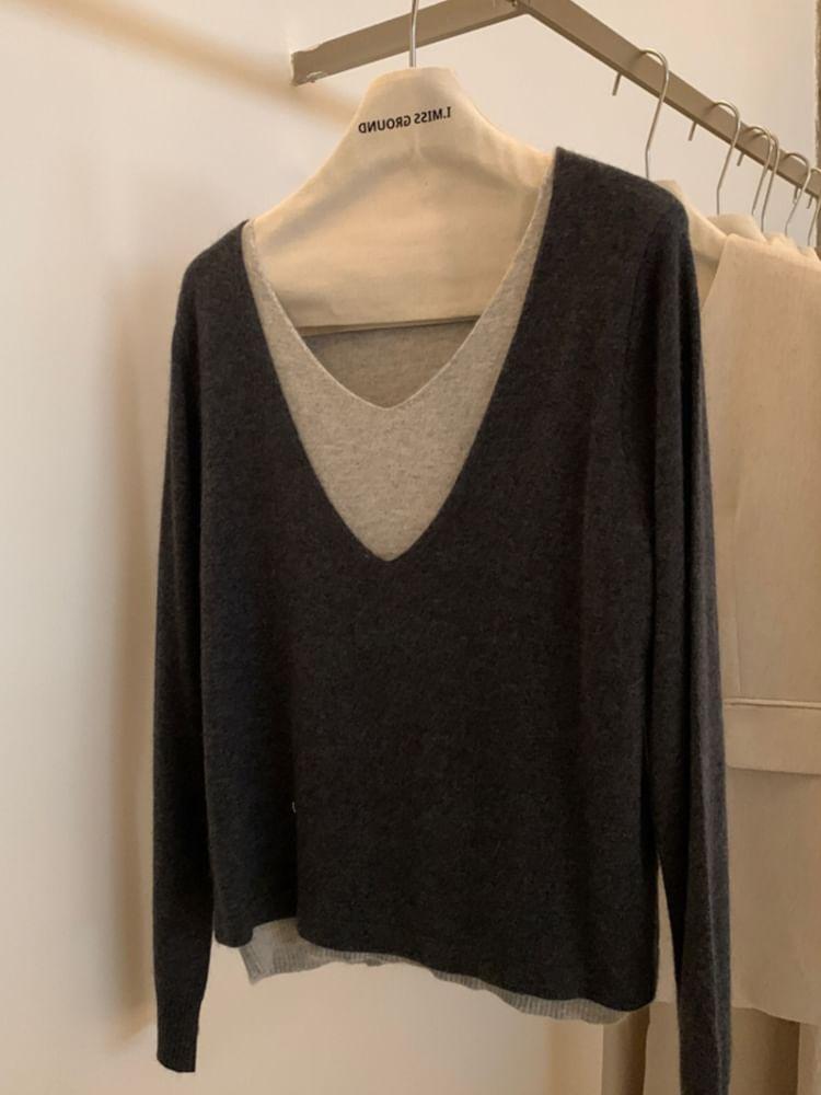 Long Sleeve V-Neck Mock Two Piece Knit Top Product Image