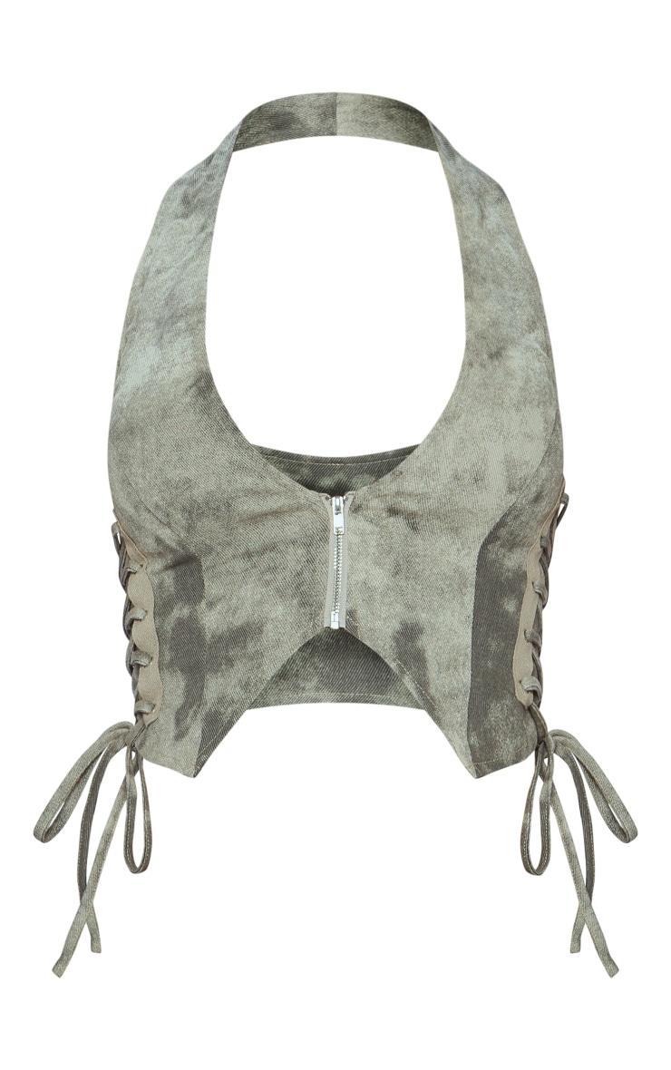 Stone Washed Twill Lace Up Side Zip Up Crop Top Product Image