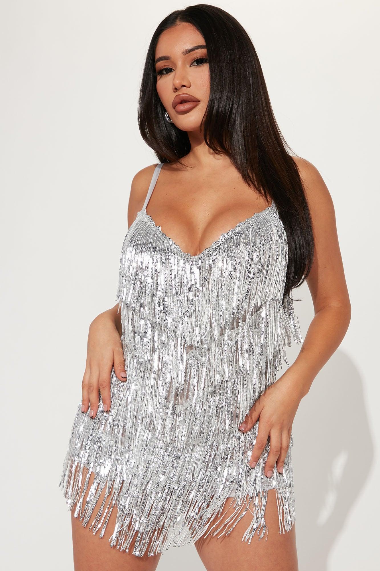 Selena Sequin Fringe Mini Dress - Silver Product Image