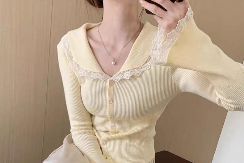 Peter Pan Collar Lace Trim Ribbed Button-Up Cardigan Product Image