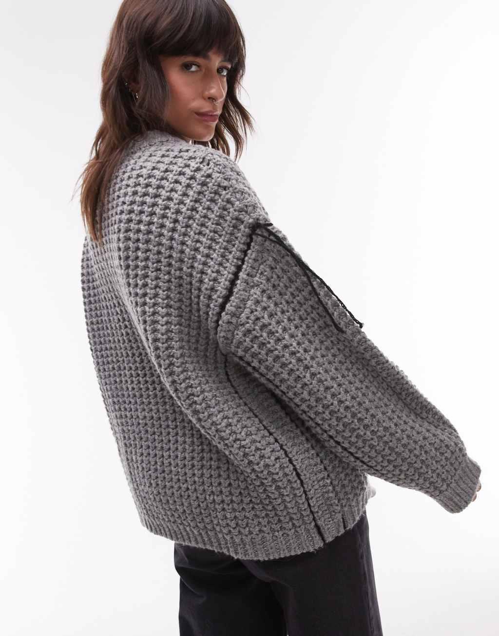 Topshop knit half cardi exposed seam crew neck oversized sweater in gray Product Image