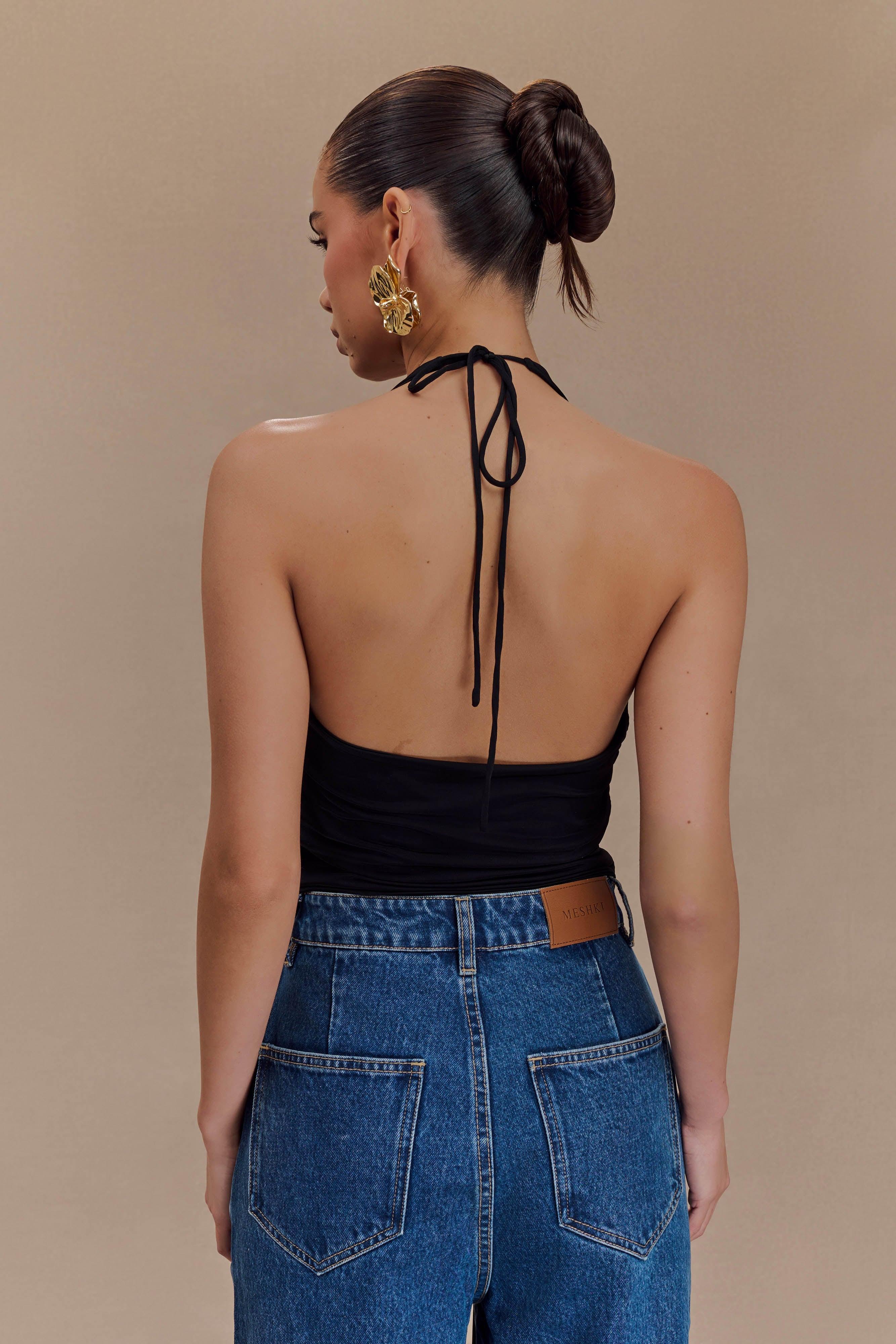 Tyla Draped Slinky Halter Top - Black Product Image