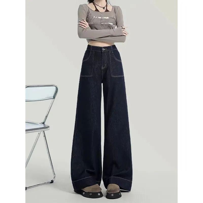 High Rise Contrast Stitched Wide Leg Jeans Product Image