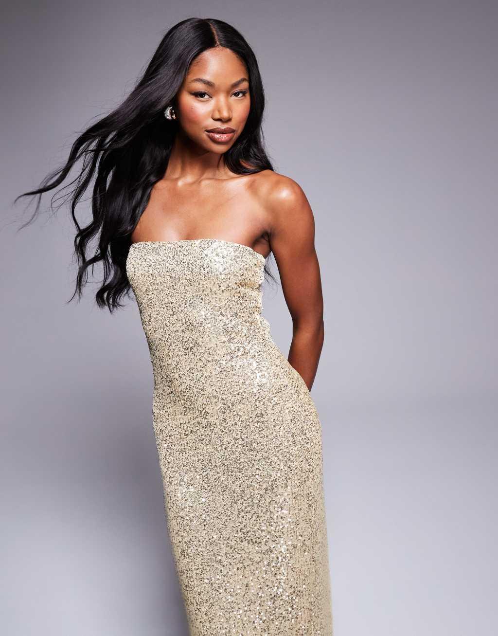 ASOS DESIGN sequin bandeau midi dress in gold Product Image