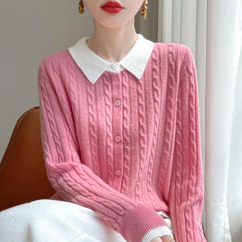 Mock Two-Piece Collared Cable Knit Cardigan Product Image