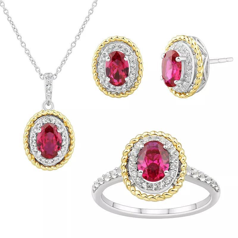 Two-Tone Lab-Created White Sapphire & Lab-Created Ruby Pendant Necklace, Stud Earrings, & Ring Set, Womens Gold Tone Product Image