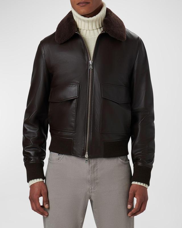 Bugatchi Leather Bomber Jacket with Removable Genuine Shearling Collar Product Image