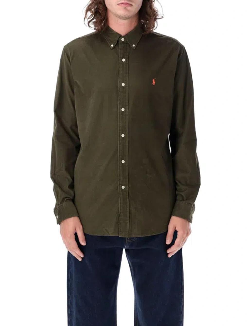 Corduroy Embroidered-logo Cotton Shirt In Green Product Image