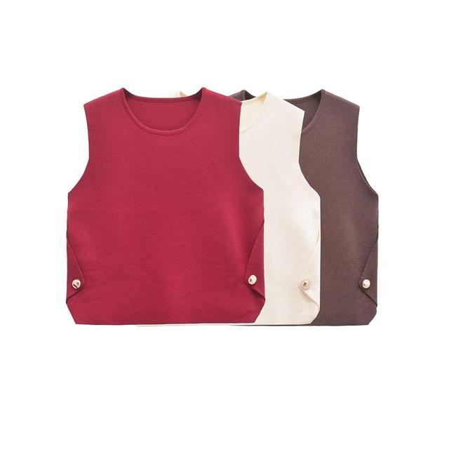 Round Neck Plain Button Detail Ribbed Knit Vest Product Image