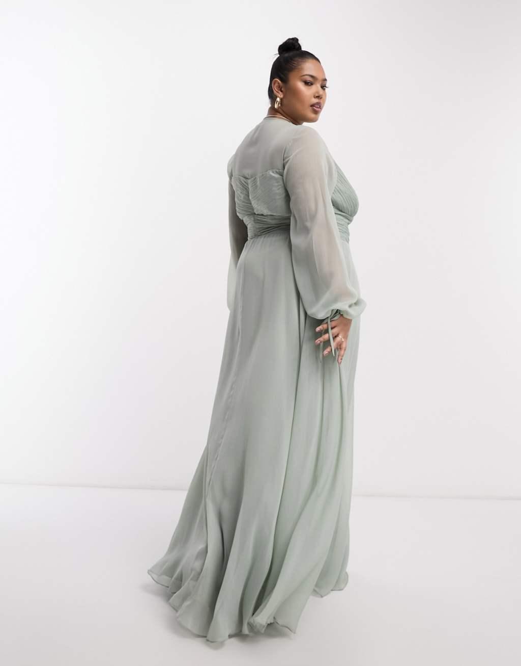 ASOS DESIGN Curve bridesmaid long sleeve ruched maxi dress with wrap skirt in sage Product Image