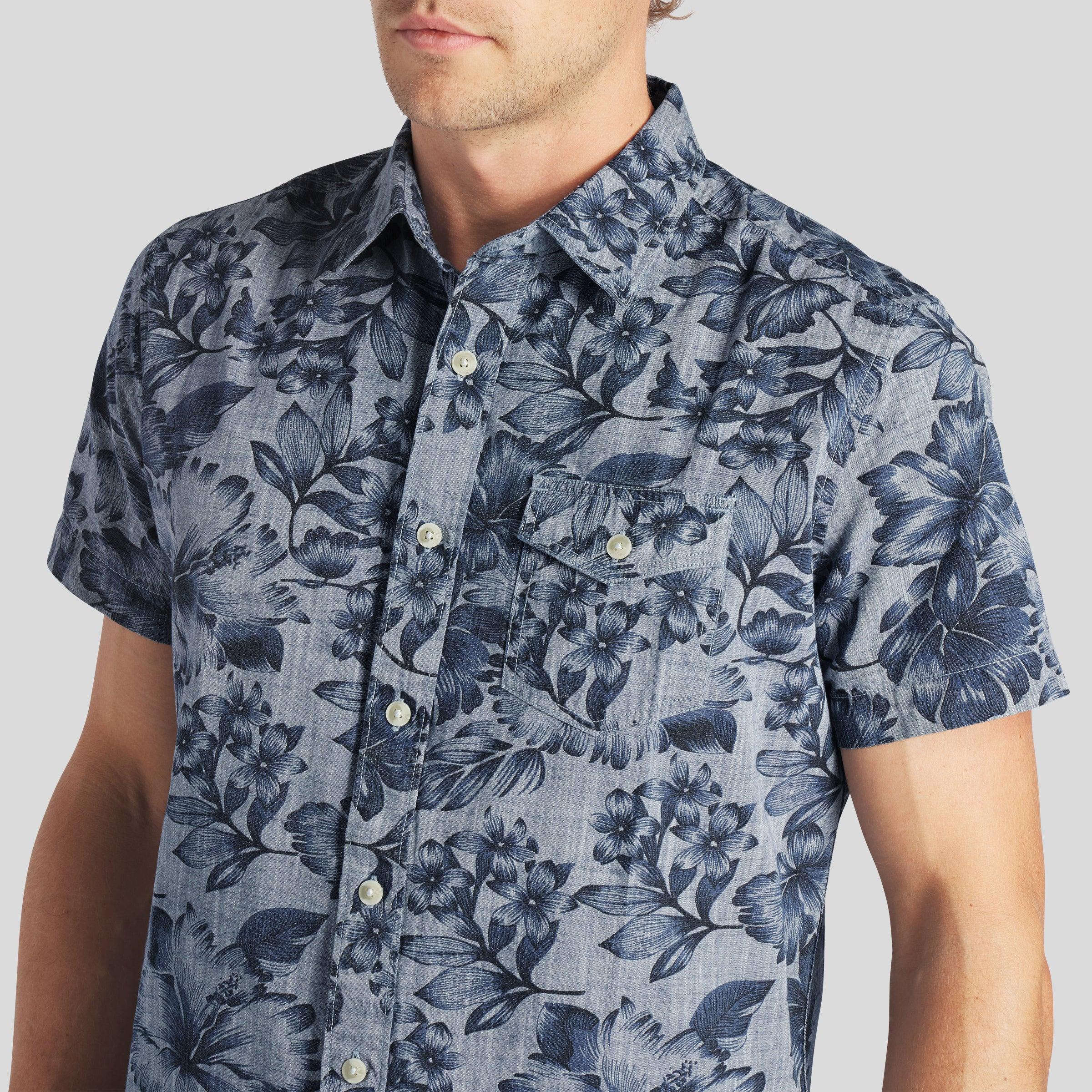 Blue Chambray Printed Floral Shirt - Dark Blue Floral Product Image