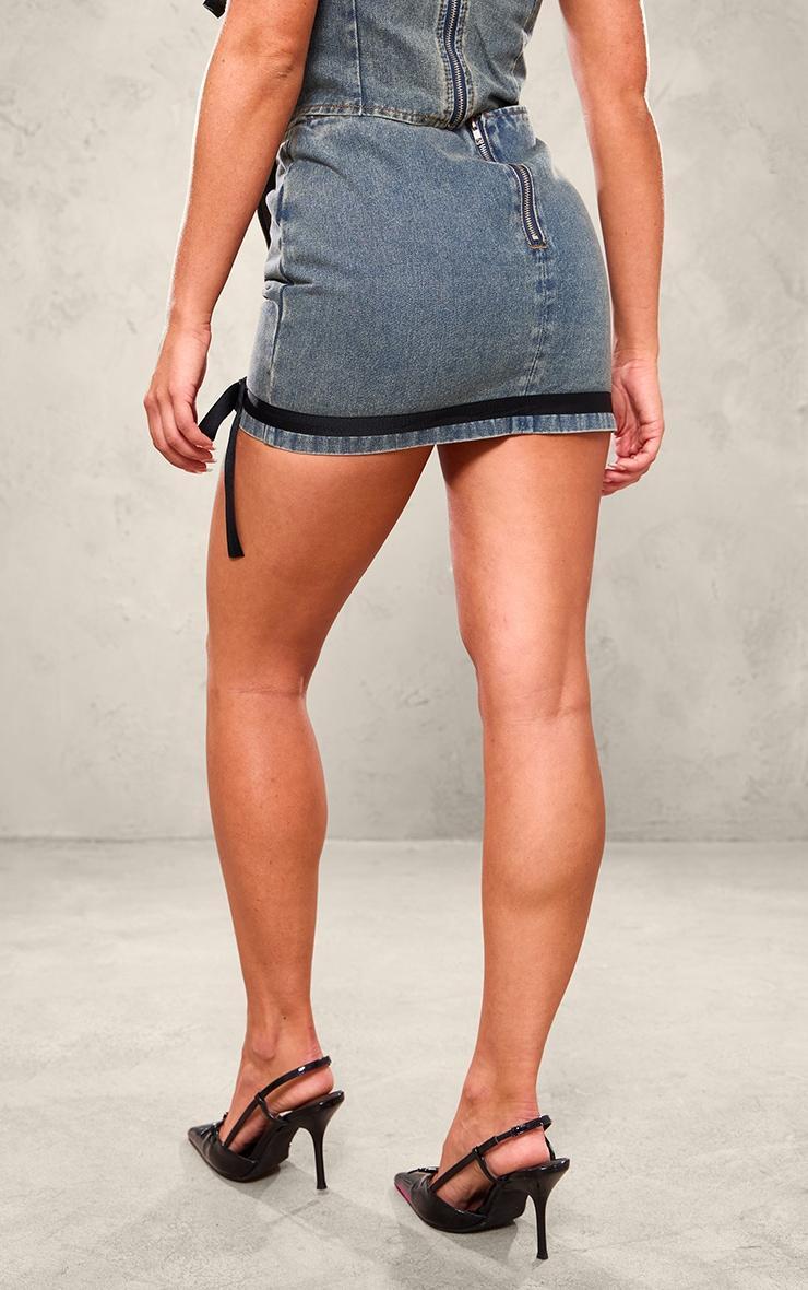 Vintage Mid Wash Contrast Bow Detail Denim Micro Mini Skirt Product Image