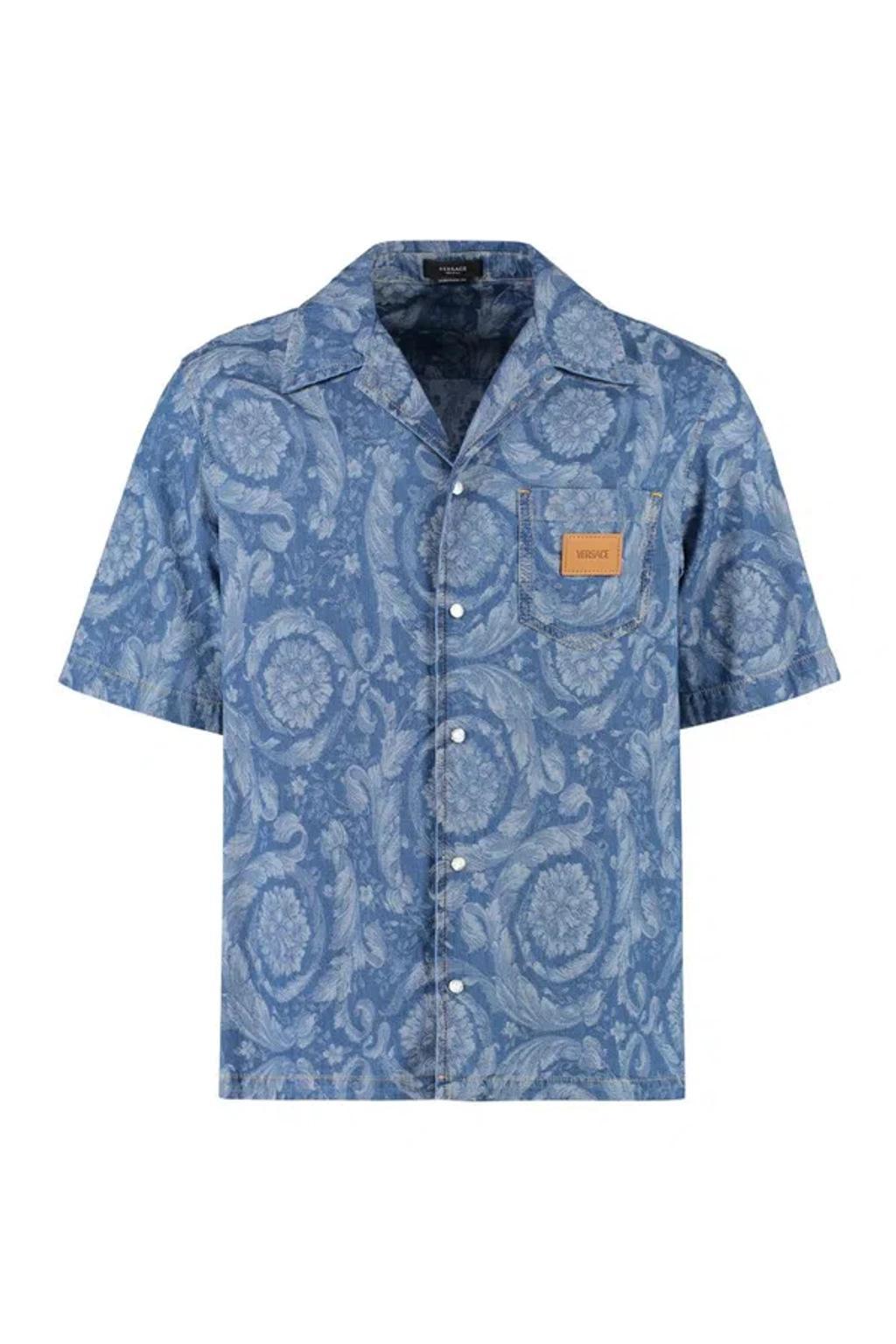 Floral Printed Short Sleeved Shirt In Denim product image