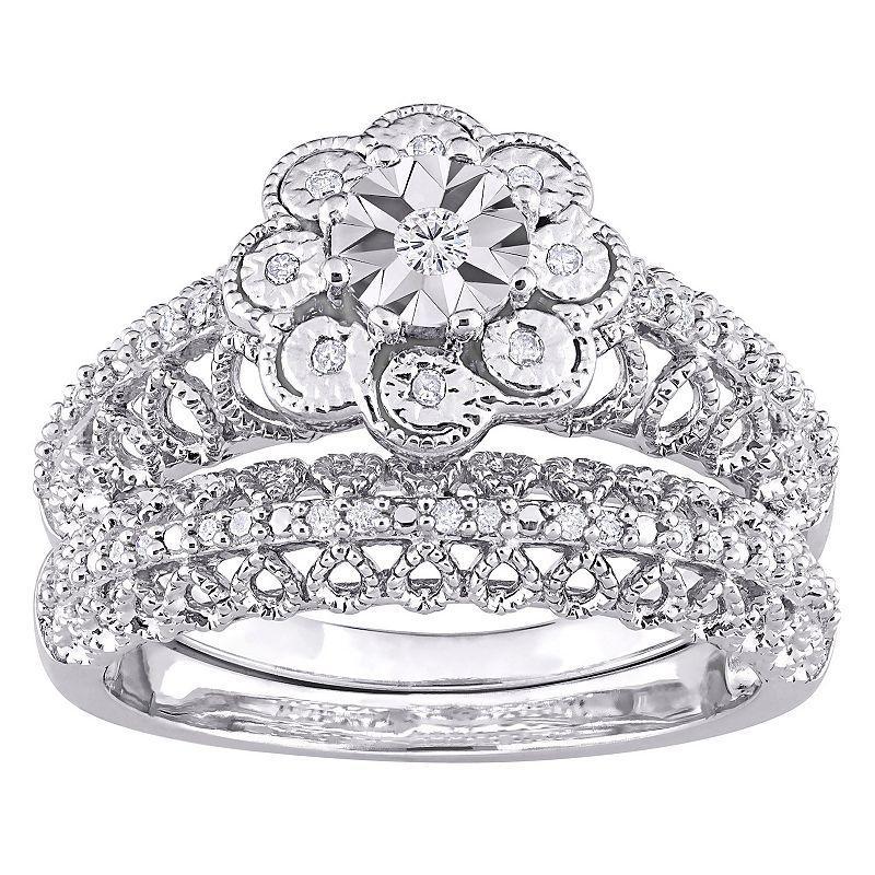 Stella Grace Sterling Silver 1/6 Carat T.W. Diamond Vintage Engagement Ring Set, Womens Product Image