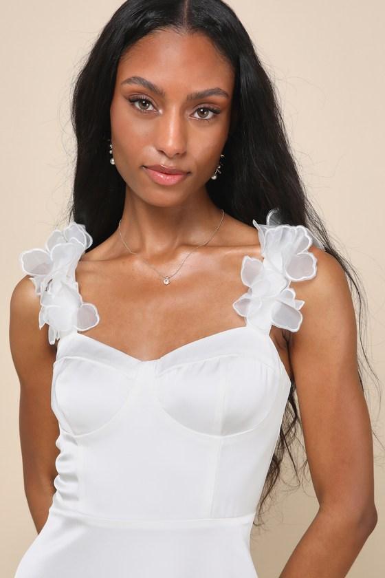 Divinely Charming White Satin Floral Applique Bustier Midi Dress Product Image