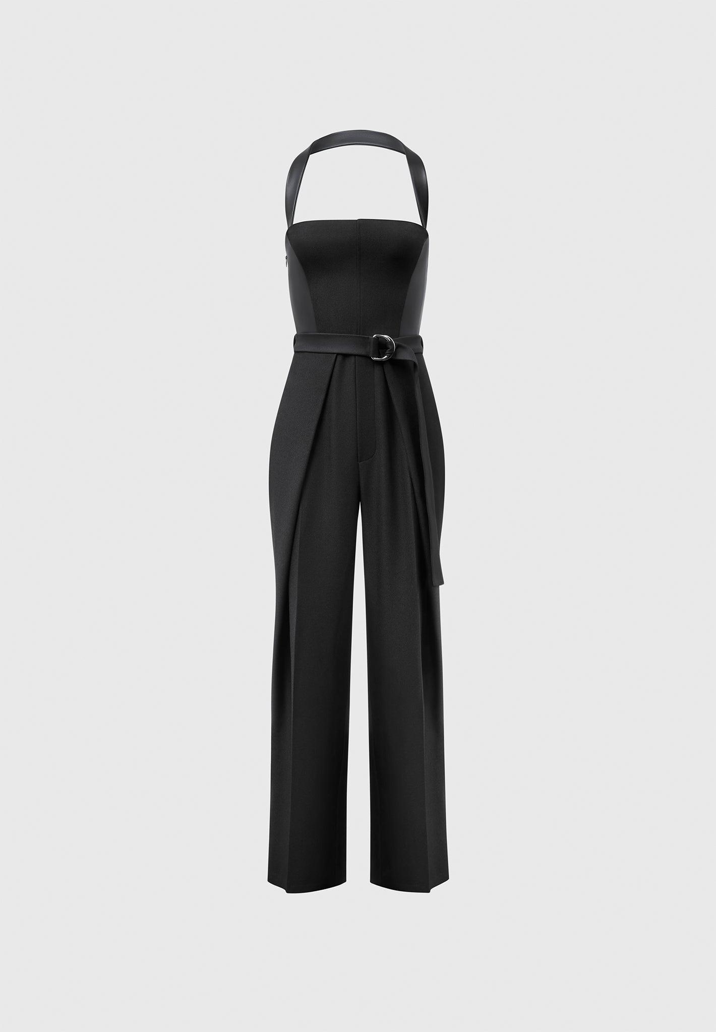 Tailored Pleat Jumpsuit with Belt - Black Female Product Image