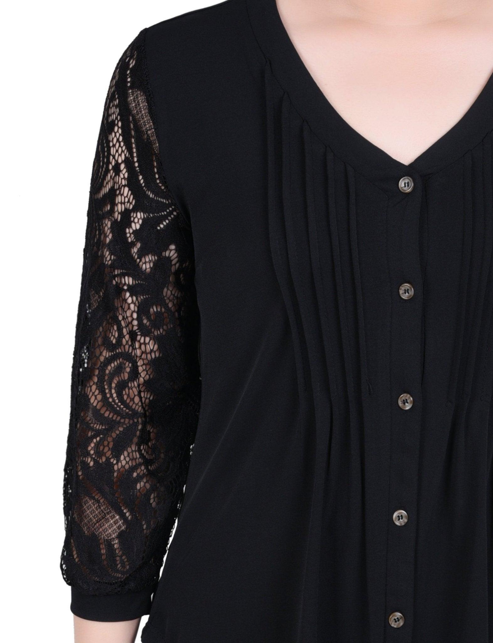 Lace-Sleeve V Neck Top - Petite Product Image