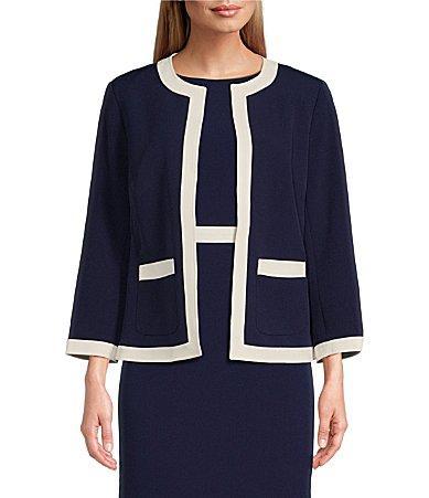 Kasper Stretch Crepe Woven Round Neck Patch Pocket 34 Sleeve Open-Front Framed Coordinating Jacket Product Image