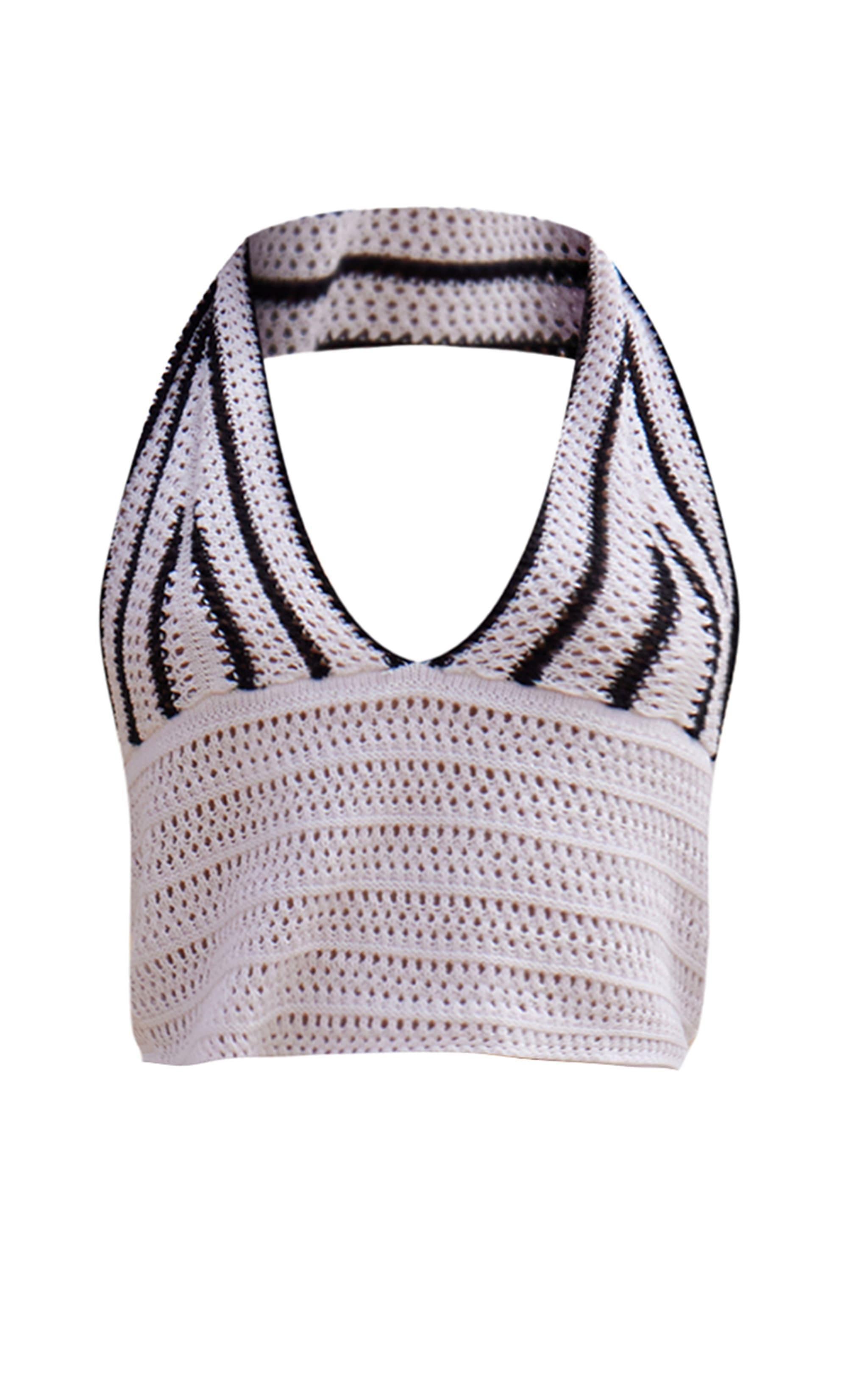 Monochrome Stripe Crochet Knit Plunge Crop Top Product Image